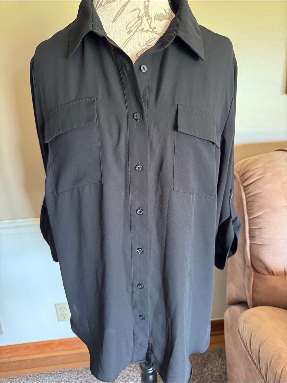 Worthington Black Button-Front Blouse with Flap Pockets